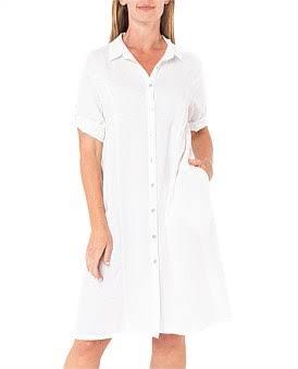 David Jones Jump Collared Linen Button Through Shirt Dress in White, Size 16 AU