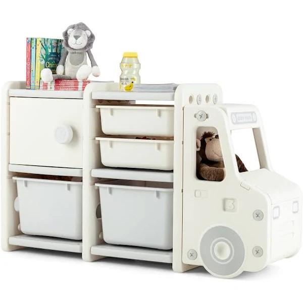 Giantex Kids Toy Storage Organizer Truck-shaped Toddler Storage Cabinet w/2 Plastic Bins & Drawers Beige