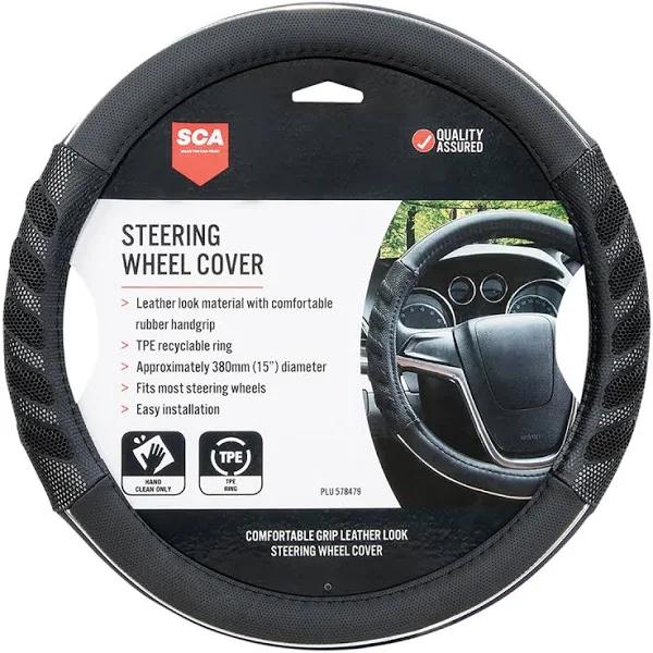 SCA Steering Wheel Cover - Leather Look & Rubber, Black and Grey, 380mm Diameter