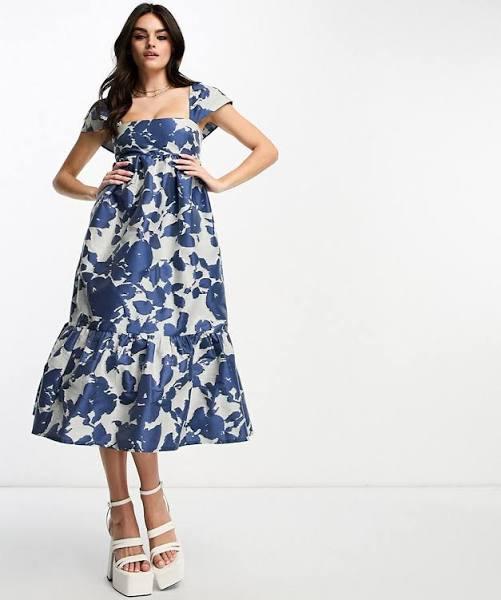 & Other Stories Cami Strap Midi Dress With Volume Hem in Blue Jacquard Floral print-White