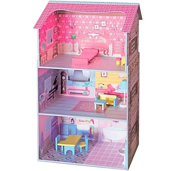 Bargene Large Wooden Dolls Doll House 3 Level Kids Pretend Play Toys Full Furniture