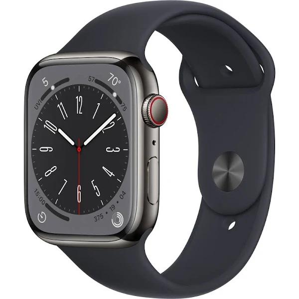 Apple - Apple Watch Series 8 GPS Cellular 45mm Graphite Stainless Steel Case with Midnight Sport Band - S/M - Midnight - MNW13LL/A - 194253215301