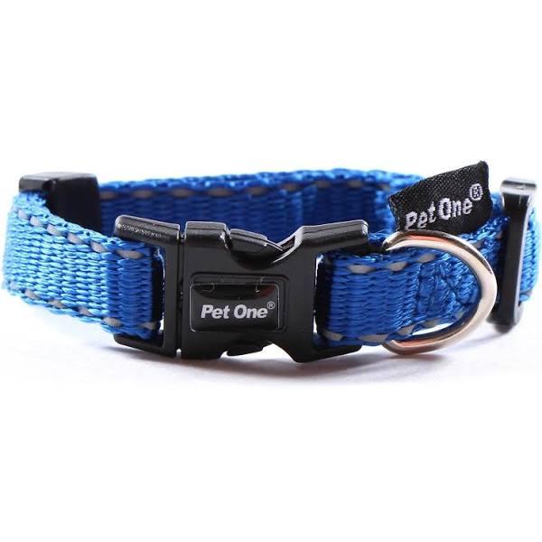 Pet One Dog Collar Nylon Adjustable Reflective Blue-Medium