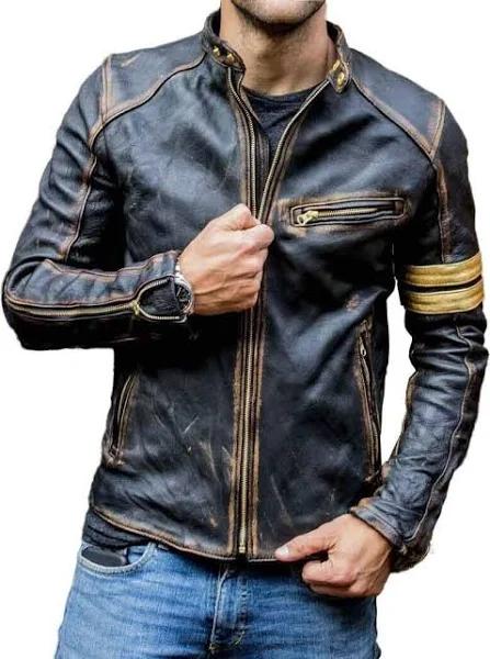 Mens Real Leather Biker Cafe Racer Vintage Motorcycle Distressed Black Genuine Leather Jacket