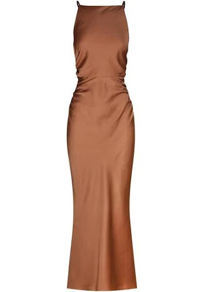 SHONA Joy Luxe High Neck Ruched Midi Dress - Mocha