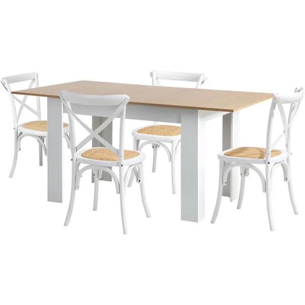 Oikiture 160cm Extendable Dining Table with 4pcs Dining Chairs Crossback White