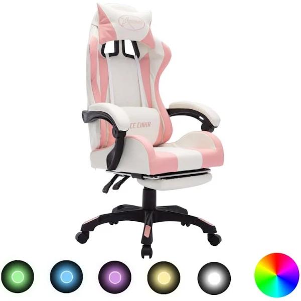 Racing Chair with RGB LED Lights Pink and White Faux Leather