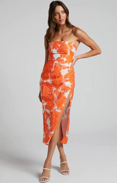 Brailey Midi Dress - Thigh Split Strapless Dress in Orange & White Jacquard | Wedding Guest Dresses | Black Friday Sale