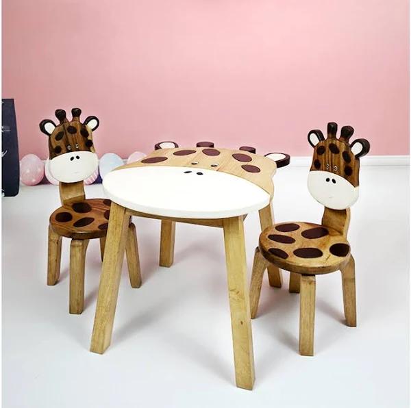 Kids Wooden Table + 2 Chairs Set Giraffe Design Carved Timber Children Furniture - AfterPay & zipPay Available