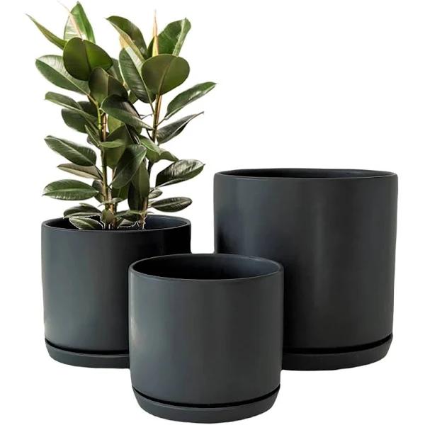 Olly & Rose Ceramic Plant Pots Garden Planters Set 3 with Saucers Indoor Outdoor Plant Pots Flower Pots Round (Matt Black)