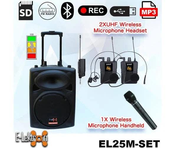 E-Lektron EL25-M 10 Inch 500w Compact Light Mobile Pa Sound System Bluetooth Battery MP3 Recoding USB SD incl. 1 Wireless & 2 Headset Microphone