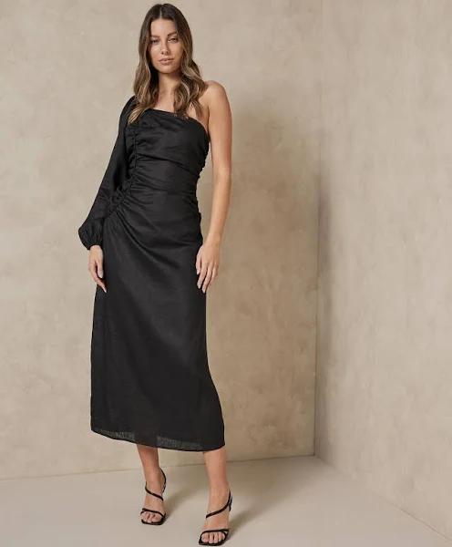 AERE - Women's Black Midi Dresses - One Shoulder Ruched Dress - Size 8 at The Iconic