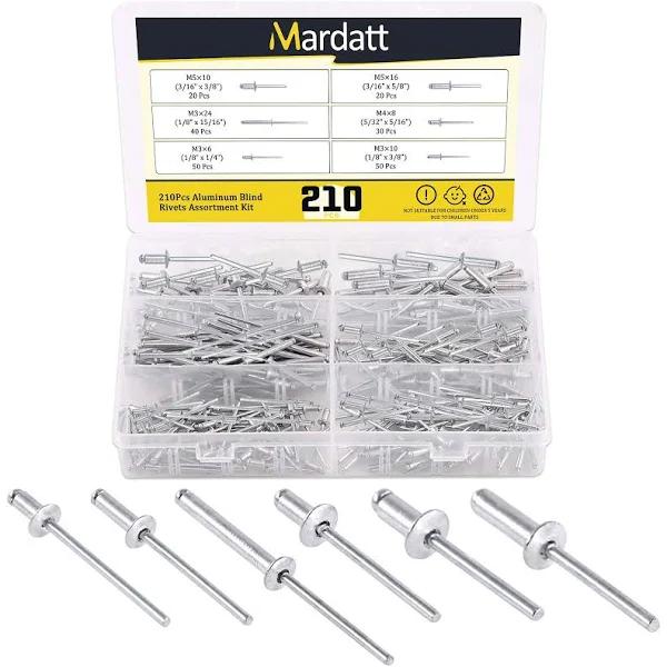 Mardatt 210pcs Aluminum Blind Rivets Open End Pop Rivets Assortment Kit Domed Head Pull Rivets Decoration Fastener Long Rivets For Sheet Metal,