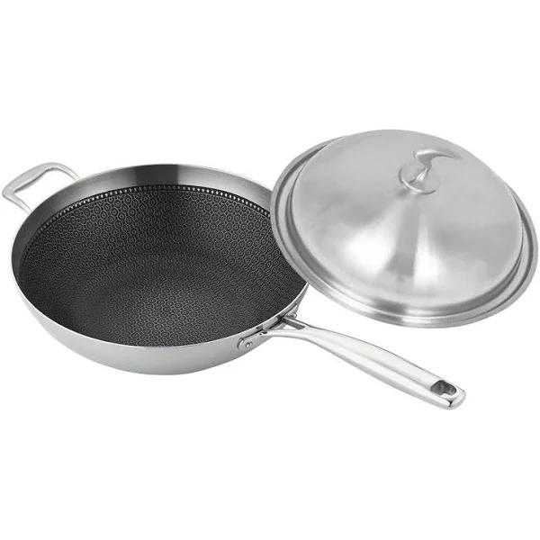 SOGA 18/10 Stainless Steel Fry Pan 34cm Frying Pan Top Grade Textured Non Stick Interior Skillet with Helper Handle and Lid