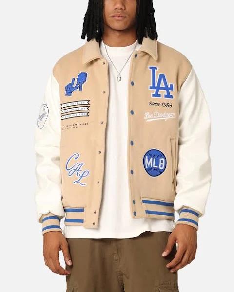 Majestic Athletic Los Angeles Dodgers City PU Melton Letterman Jacket Oatmilk - Size XL