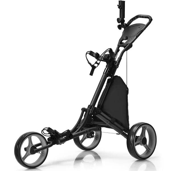 Costway 3 Wheel Folding Golf Walking Push Cart With Coated Storage Bag-Grey