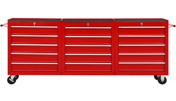 vidaXL Steel Tool Trolley with 15 Drawers - Red