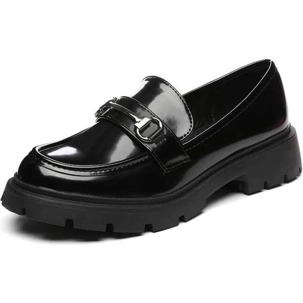 Vera Creation Women's Chunky Platform Loafers With Chain or Buckle Patent Leather Casual Business Work Shoes Comfort Slip-on