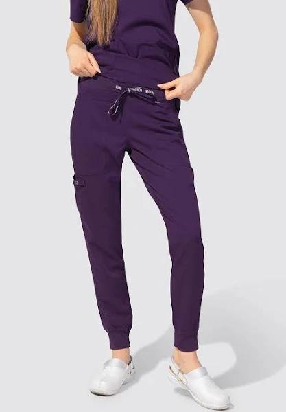 Med Couture Touch Women's 5-Pocket Stretch Cargo Yoga Jogger Scrub Pants in Eggplant | Size XL Polyester/rayon/spandex