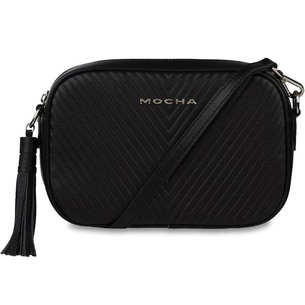 Mocha Chevron Box Leather Crossbody Bag - Black