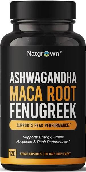 Natgrown Ashwagandha + Maca Root + Fenugreek Extract Capsules Supplement For Men & Women - Vegan Pills