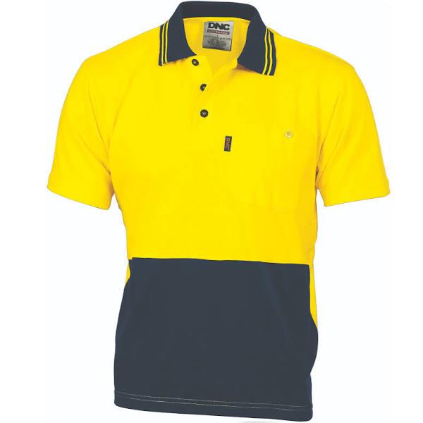 DNC HiVis Cool-Breeze Cotton Jersey Polo Shirt with Under Arm Cotton Mesh - S/S - Yellow/Navy - 2XL