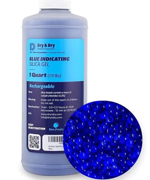 Dry & Dry 1 Quart Premium Blue Indicating Silica Gel Beads in Round Bottle with Air Tight Cap(Industry Standard) - Reusable