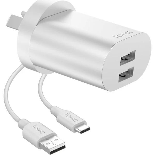 Tonic Dual USB-A Wall Charger with USB-C Cable - Space Grey