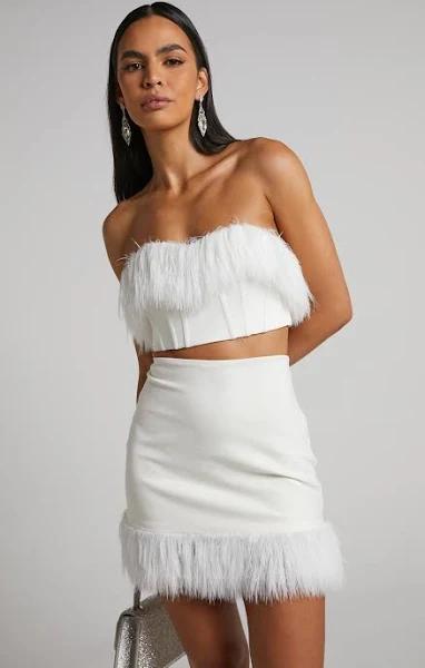 Showpo | Rhaiza Mini Skirt - Faux Feather Trim High Waisted Skirt in White - 20 (XXXXL) | European Summer Outfit