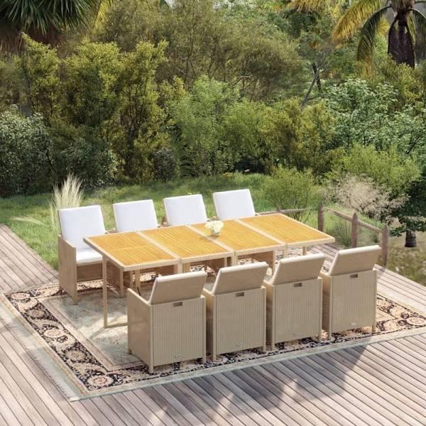 vidaXL 9 Piece Garden Dining Set With Cushions Poly Rattan Beige