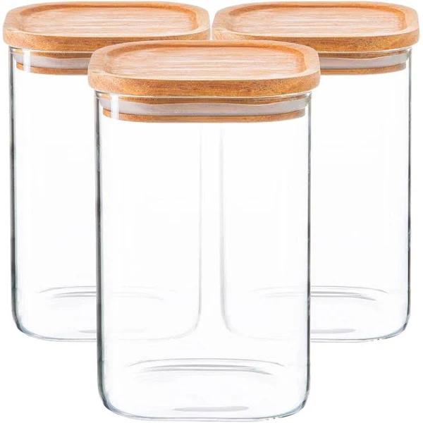 Argon Tableware Square Glass Storage Jars With Wooden Lids - 1.1 Litre - Pack of 6