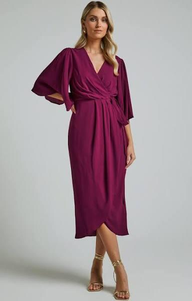 Meagan Midi Dress - V Neck Flutter Sleeve Pleated Detail Wrap in Aubergine | Wedding Guest Dresses