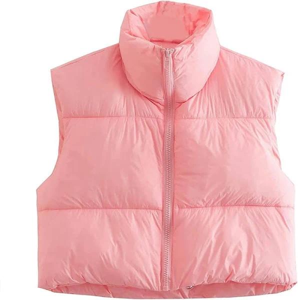 Keomud Women's Winter Crop Vest Lightweight Sleeveless Warm Outerwear Puffer Vest Padded Gilet Pink