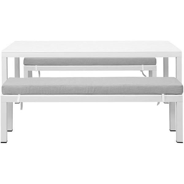 Manly 3 Piece White Aluminium Outdoor Bench Dining Set With Light Grey Cushion - Earn Everyday Rewards, AfterPay Available