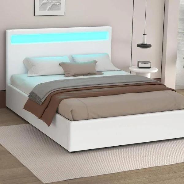 ALFORDSON Bed Frame Double Gas Lift Storage RGB LED Base White