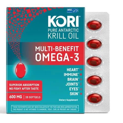 Kori, Pure Antarctic Krill Oil, Multi-Benefit Omega-3, 600 mg, 28 Softgels