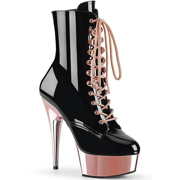 Pleaser DELIGHT-1020 Black Patent/Rose Gold Chrome Ankle Boot Size 10