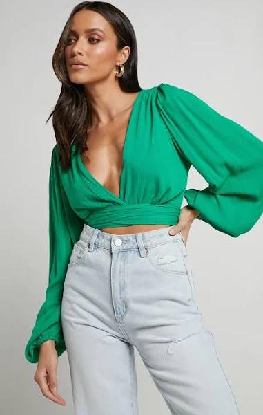 Showpo | Amaina Top - Plunge Long Sleeve Wrap Top in Green | Summer Outfits | Cyber Monday Sale