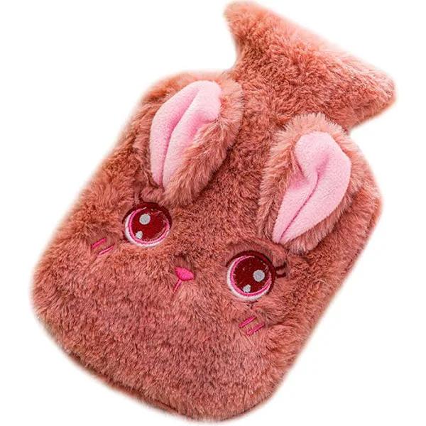 2pcs Winter Cartoon Plush Rabbit Hot Water Bottle PVC Stress Pain Relief Therapy Hot Water Bag Knitted Soft Cozy Cover Hand Warmer