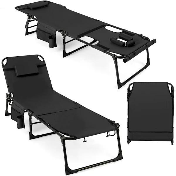 Costway Foldable Beach Lounge Chair with 5-Position Adjustable Backrest-Black