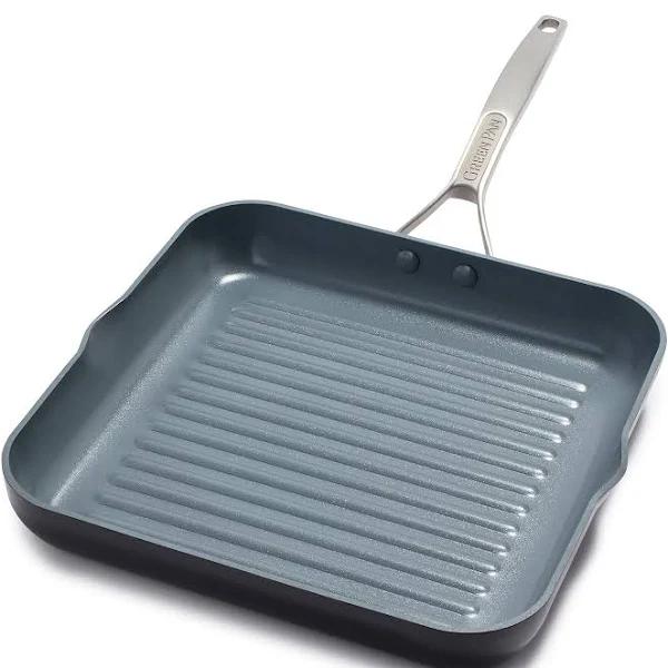 GreenPan Paris Pro Hard Anodized Healthy Ceramic Nonstick, 11" Square Grill Pan, PFAS-Free, Dishwasher Safe, Grey