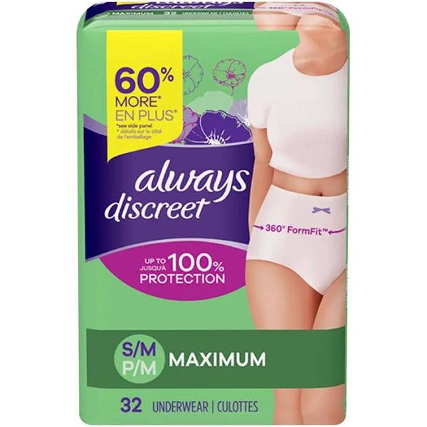 Always Discreet Incontinence & Postpartum Incontinence Underwear for Women Small/Medium Maximum Protection 32 Count