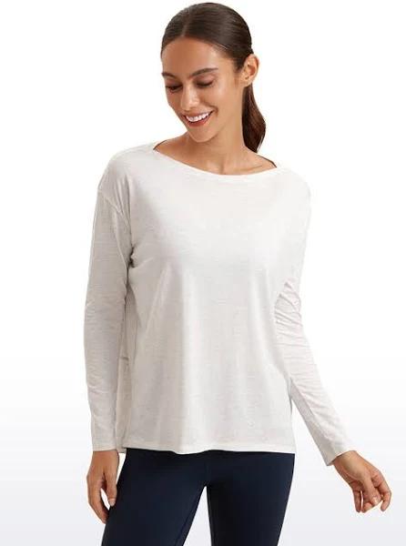 CRZ Yoga Women's Casual Loose Fit Pima Cotton Long Sleeves Boat Neck Ice Grey White / M