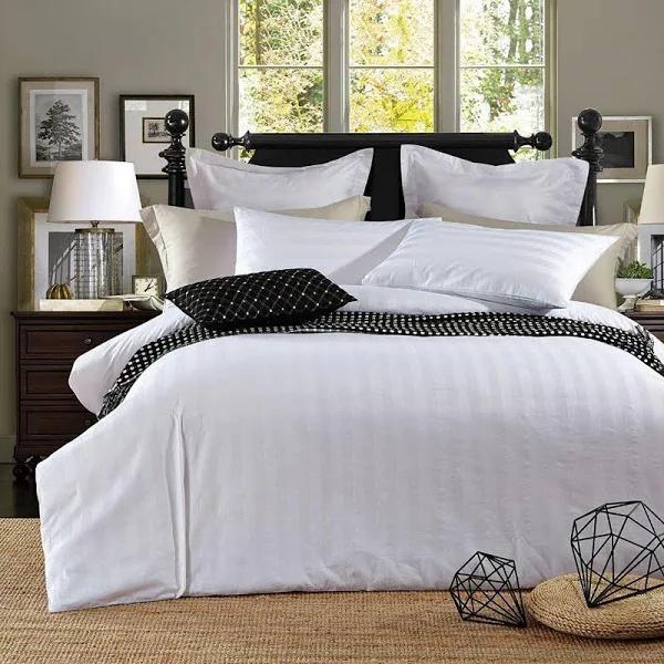 CottonMore Cotton White Sateen Stripe Duvet Cover Set - Queen