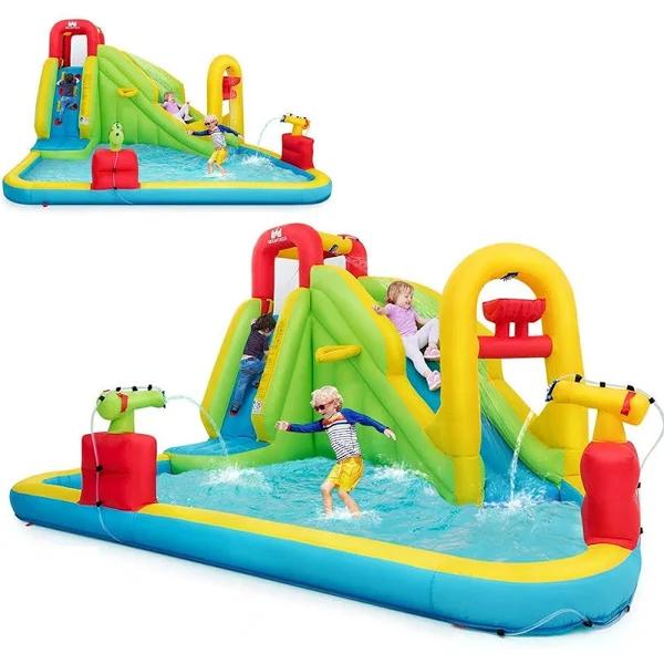 Costway Inflatable Water Slide With Climbing Wall and Water Gun For Indoor/Outdoor Play Without Blower