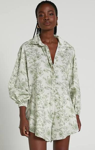 Anka Playsuit - Relaxed Button Front Shirt Playsuit in Green Floral