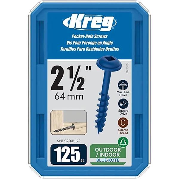 Kreg SML-C250B-125 Blue-Kote WR Pocket Screws - 5.1cm - 1.3cm , #8 Coarse, Washer-Head, 125ct