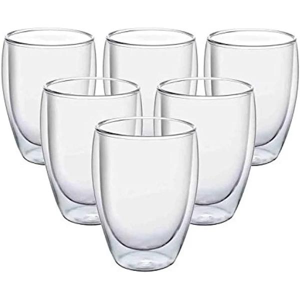 ComSaf Glass Coffee Mugs 350ml(Set of 6), Double Wall Insulated Thermal Cups Drinking Glasses For Tea Coffee Latte Cappucino Cafe Milk, Clear