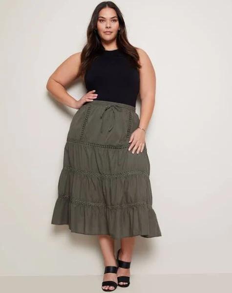 Autograph Woven Lace Trim Midi Skirt - Size 14 - Womens - Khaki