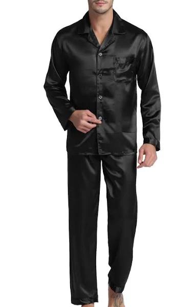 Men's Satin Pajamas Long Button-Down PJ Set Sleepwear Loungewear